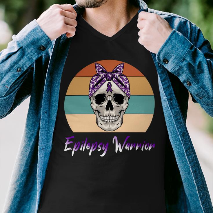 Epilepsy Warrior Skull Women Vintage Purple Ribbon Epilepsy Epilepsy Awareness V2 Men V-Neck Tshirt