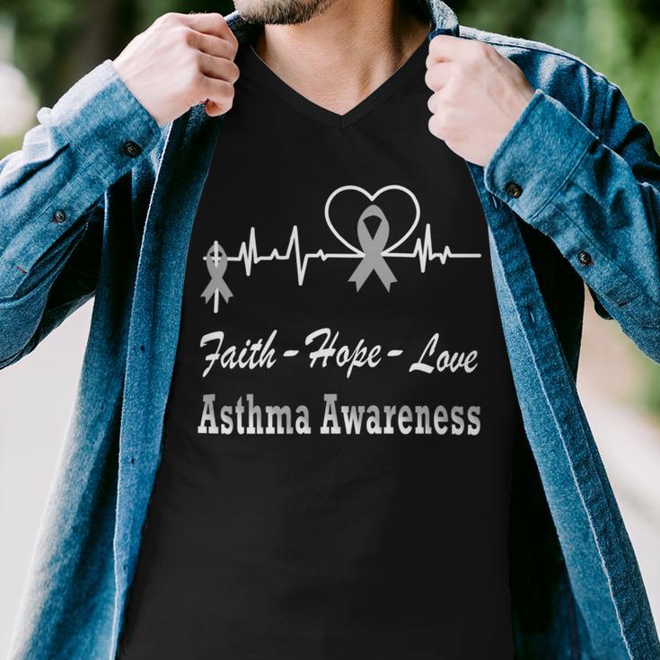 Faith Hope Love Asthma Awareness Heartbeat Christian Cross Grey Ribbon Asthma Asthma Awareness Men V-Neck Tshirt