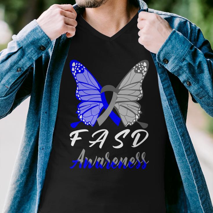 Fasd Awareness Butterfly Blue And Grey Ribbon Fetal Alcohol Spectrum Disorder Fetal Alcohol Spectrum Disorder Awareness Men V-Neck Tshirt