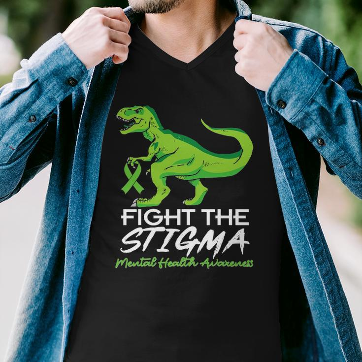Fight Stigma Mental Health Awareness Lime Green Dinosaur Men V-Neck Tshirt