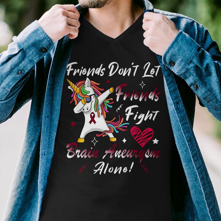 Friends Dont Let Friends Fight Brain Aneurysm Alone Unicorn Burgundy Ribbon Brain Aneurysm Bpd Brain Aneurysm V2 Men V-Neck Tshirt