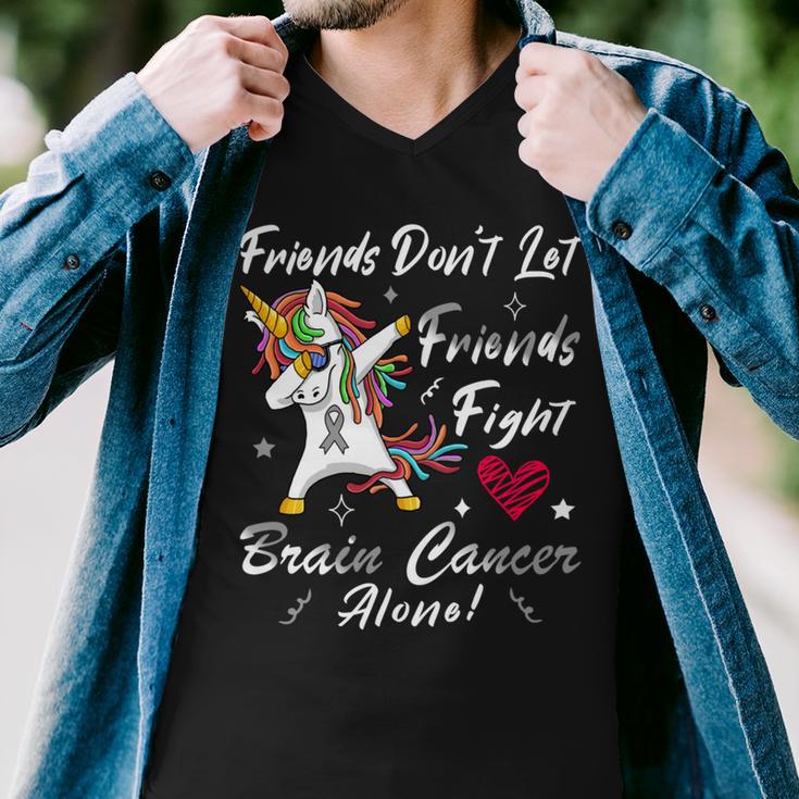 Friends Dont Let Friends Fight Brain Cancer Alone Unicorn Grey Ribbon Brain Cancer Brain Cancer Awareness V2 Men V-Neck Tshirt