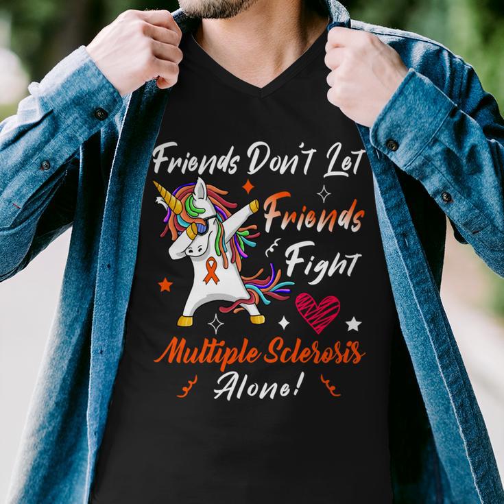 Friends Dont Let Friends Fight Multiple Sclerosis Alone Unicorn Orange Ribbon Multiple Sclerosis Multiple Sclerosis Awareness Men V-Neck Tshirt