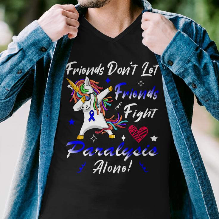 Friends Dont Let Friends Fight Paralysis Alone Unicorn Blue Ribbon Paralysis Paralysis Awareness Men V-Neck Tshirt