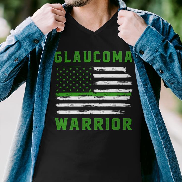 Glaucoma Warrior Usa Flag United States Flag Green Ribbon Glaucoma Glaucoma Awareness Men V-Neck Tshirt