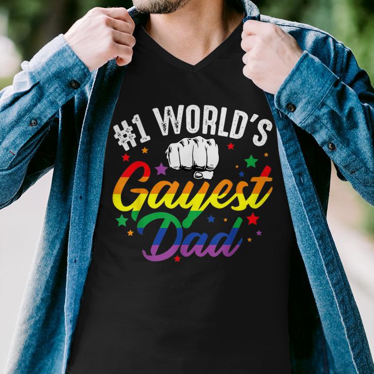 Mens 1 Worlds Gayest Dad Funny Fathers Day Lgbt Pride Rainbow 14 Shirt Men V-Neck Tshirt