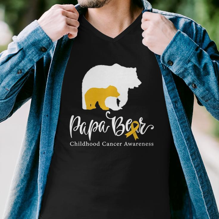 Mens Papa Bear Gold Ribbon Childhood Cancer Awareness Men V-Neck Tshirt