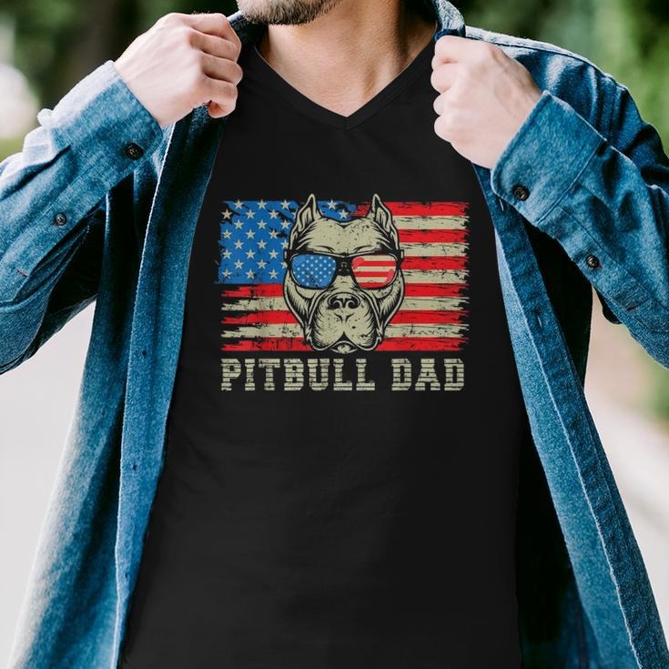Mens Pitbull Dad American Pit Bull Dog Us Flag 4Th Of July Men V-Neck Tshirt
