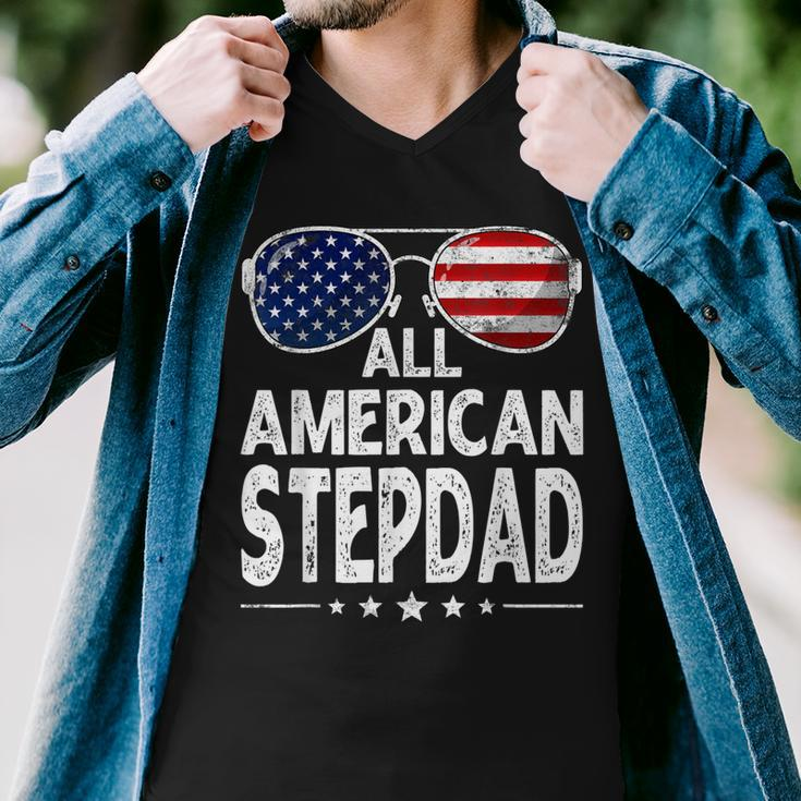 Mens Retro Fathers Day Family All American Stepdad 4Th Of July Men V-Neck Tshirt