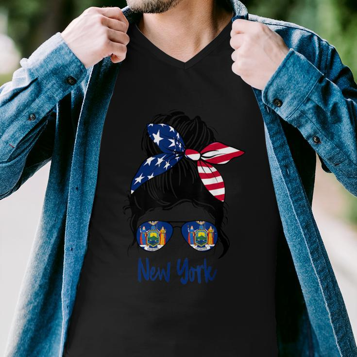 New York Girl New York Flag State Girlfriend Messy Bun Men V-Neck Tshirt