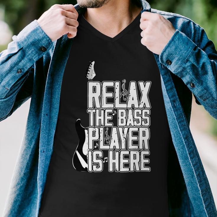 Relax The Bass Player Is Herebass Player Funny Gift Bass Guitar Men V-Neck Tshirt