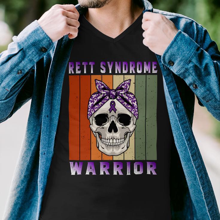 Rett Syndrome Warrior Skull Women Vintage Purple Ribbon Rett Syndrome Rett Syndrome Awareness Men V-Neck Tshirt