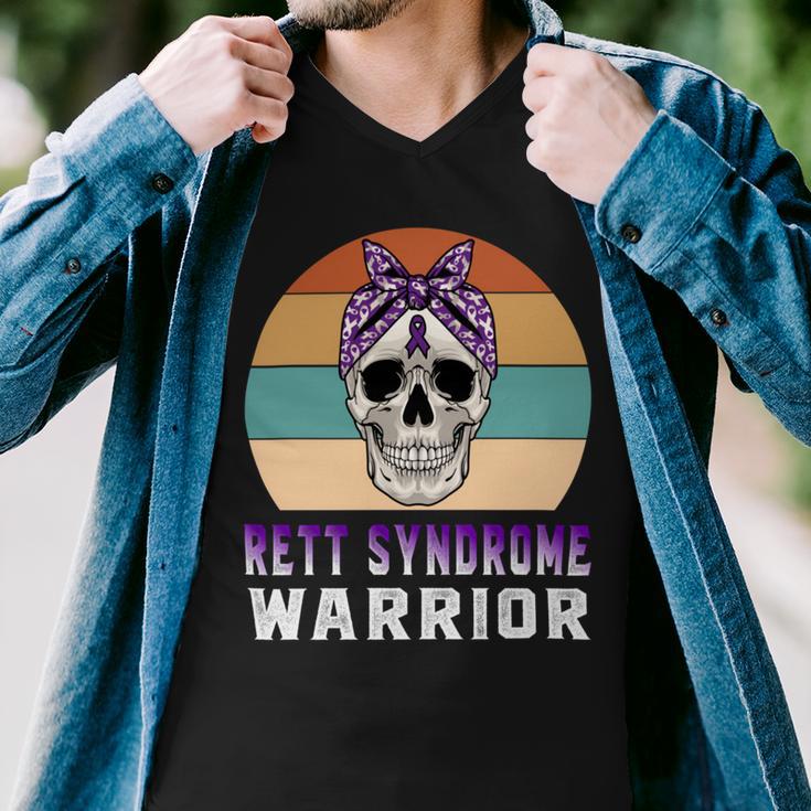 Rett Syndrome Warrior Skull Women Vintage Purple Ribbon Rett Syndrome Rett Syndrome Awareness V2 Men V-Neck Tshirt