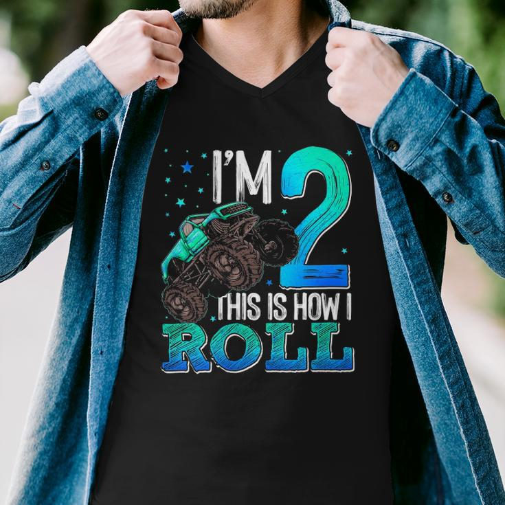 This Is How I Roll 2 Years Old Monster Truck 2Nd Birthday Men V-Neck Tshirt