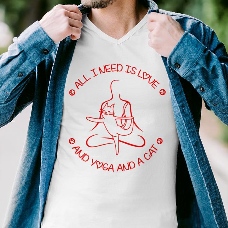 All I Need Is Love And Yoga And A Cat Lovers Gift For Yoga Lovers Red Men V-Neck Tshirt