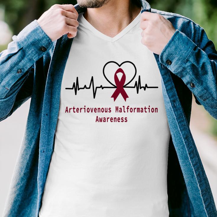 Arteriovenous Malformation Awareness Heartbeat Burgundy Ribbon Arteriovenous Malformation Support Arteriovenous Malformation Awareness Men V-Neck Tshirt