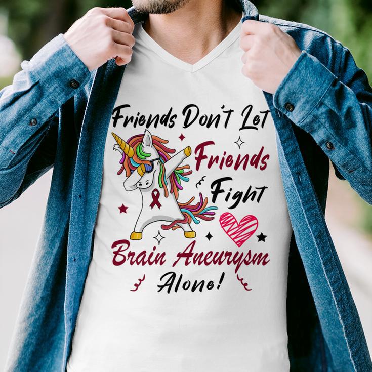 Friends Dont Let Friends Fight Brain Aneurysm Alone Unicorn Burgundy Ribbon Brain Aneurysm Bpd Brain Aneurysm Men V-Neck Tshirt