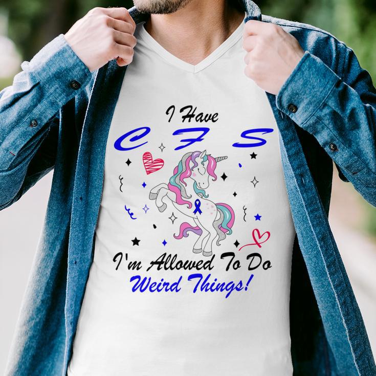 I Have Chronic Fatigue Syndrome Cfs Im Allowed To Do Weird Things Unicorn Blue Ribbon Chronic Fatigue Syndrome Support Cfs Awareness Men V-Neck Tshirt