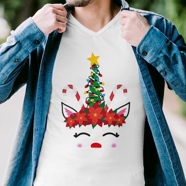 New Christmas Unicorn Face Santicorn Poinsettia Crown Cute V2 Men V-Neck Tshirt