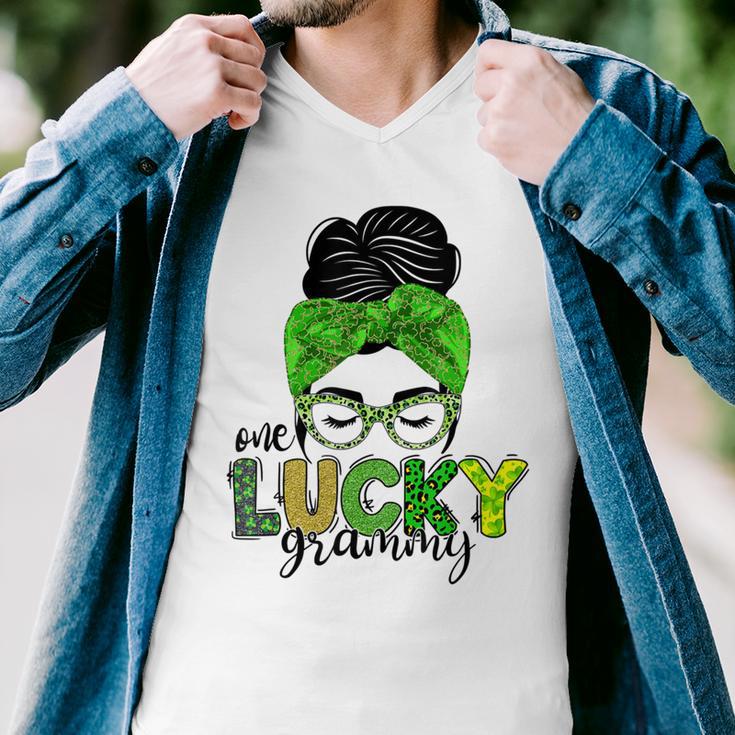 One Lucky Grammy Life Messy Bun St Patricks Day Irish Men V-Neck Tshirt