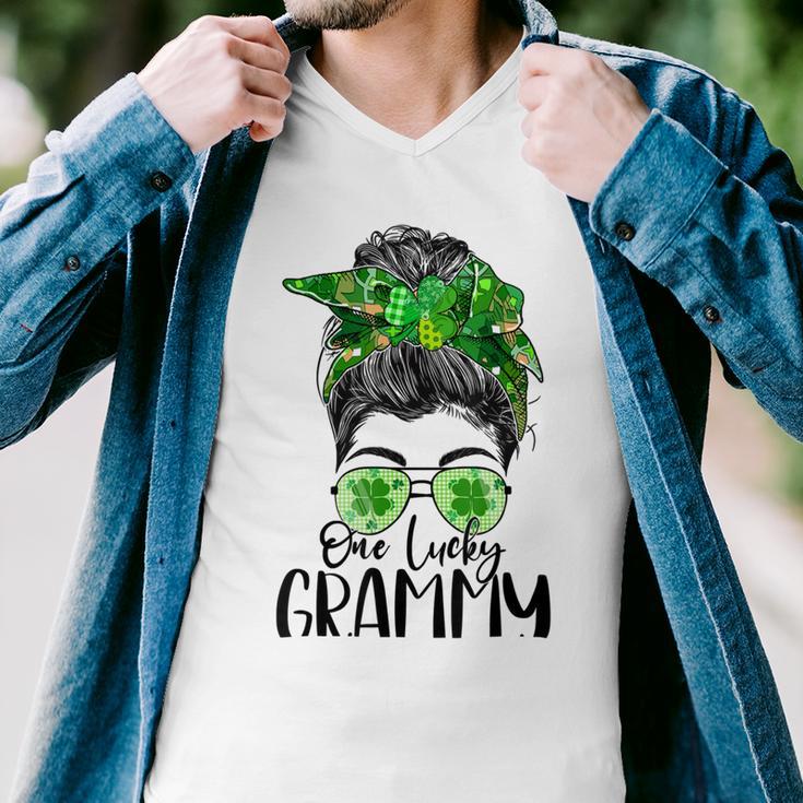 One Lucky Grammy Messy Bun Lucky Shamrock St Patricks Day Men V-Neck Tshirt