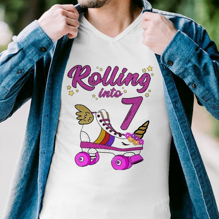Rolling Into 7Th Birthday Unicorn Roller Skate Party Men V-Neck Tshirt