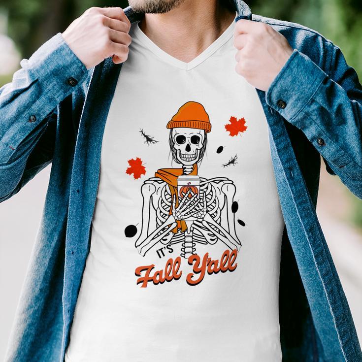 Skeleton It’S Fall Y’All Thanksgiving Funny Autumn Halloween Men V-Neck Tshirt