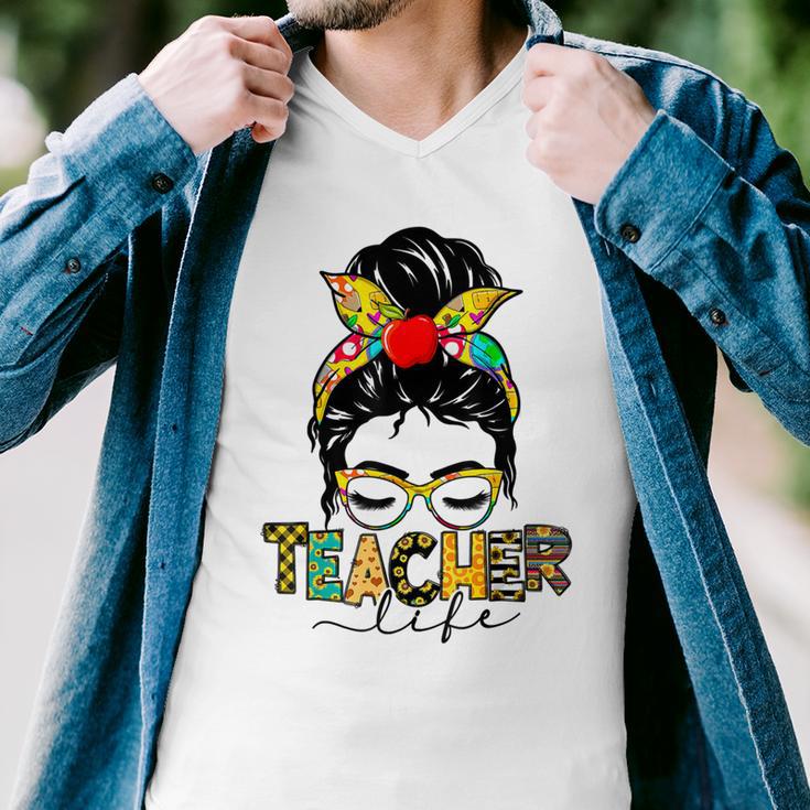 Teacher Life Messy Bun Hair Women Teachers Day Men V-Neck Tshirt