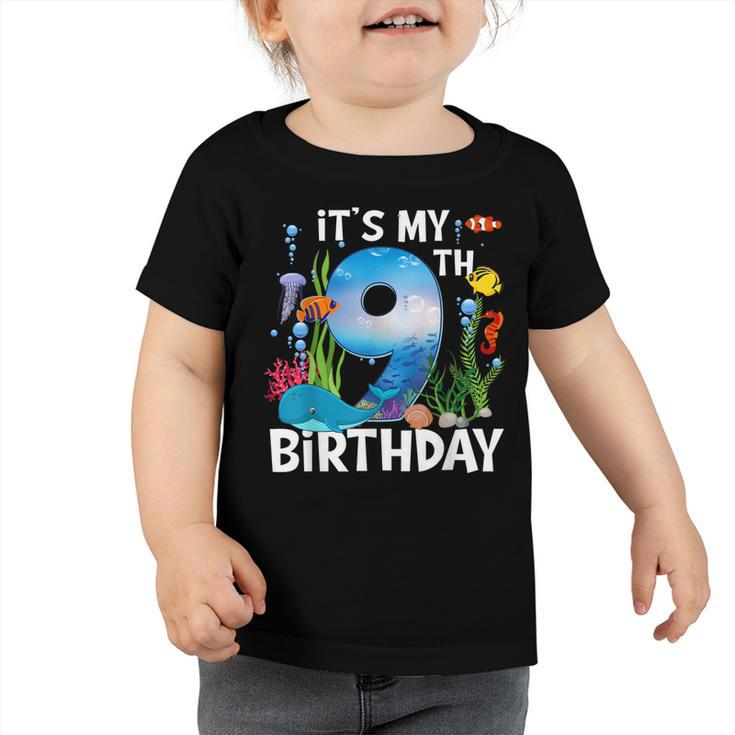 Kids 9 Year Old Ocean Life Whale Dolphin Shark 9Th Birthday  Toddler Tshirt