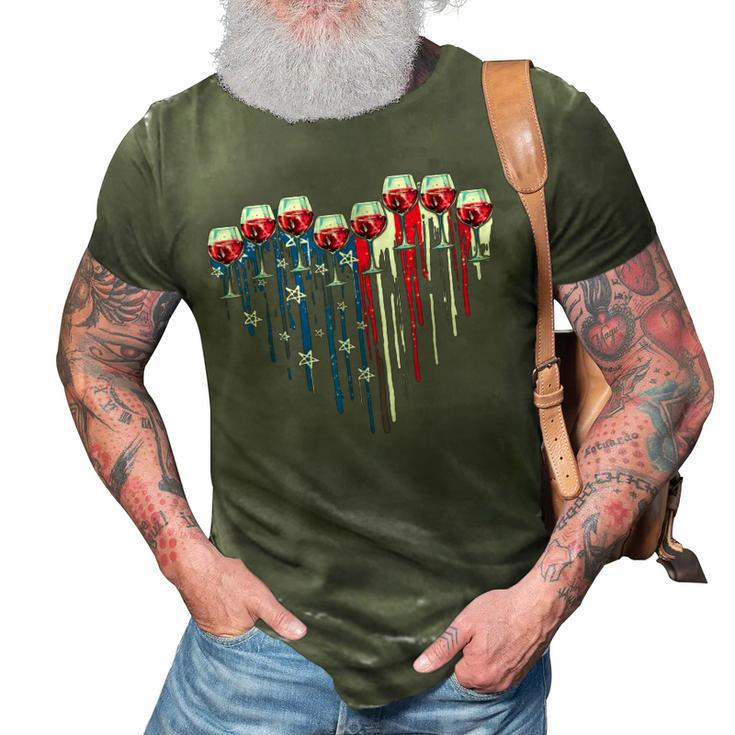 4Th Of July Wine Glasses Heart American Flag Patriotic  3D Print Casual Tshirt