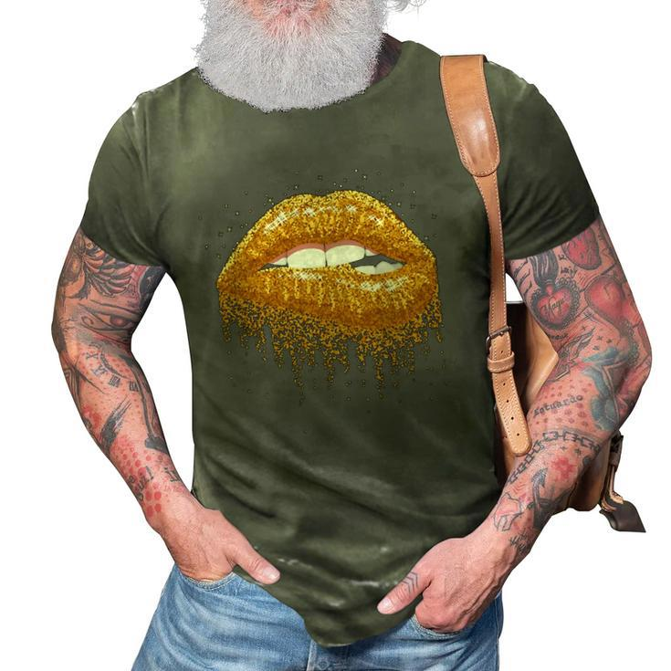 Cool Lips Bite Kiss Me -Gold Sparkle- Sexy Lips Gift 3D Print Casual Tshirt