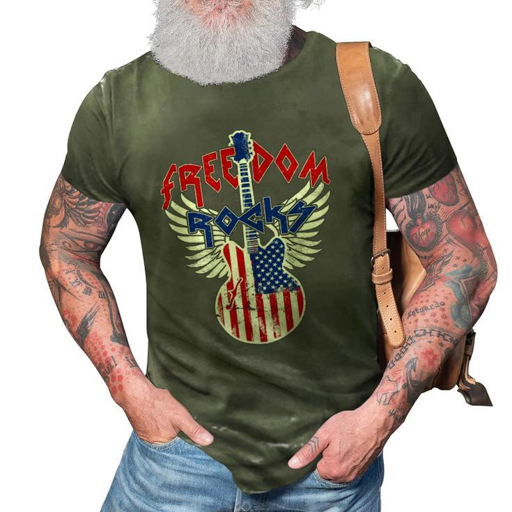 Freedom Rocks 4Th Of July Patriotic Usa Flag Rock Guitar 3D Print Casual Tshirt