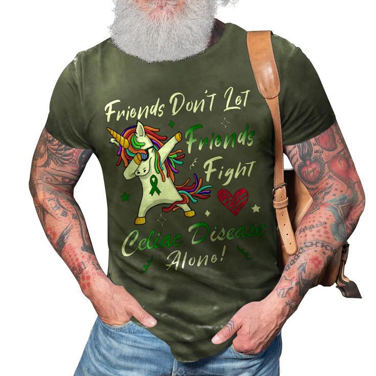 Friends Dont Let Friends Fight Celiac Disease Alone  Unicorn Green Ribbon  Celiac Disease  Celiac Disease Awareness 3D Print Casual Tshirt