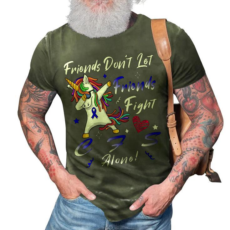 Friends Dont Let Friends Fight Chronic Fatigue Syndrome Cfs Alone  Unicorn Blue Ribbon  Chronic Fatigue Syndrome Support  Cfs Awareness 3D Print Casual Tshirt