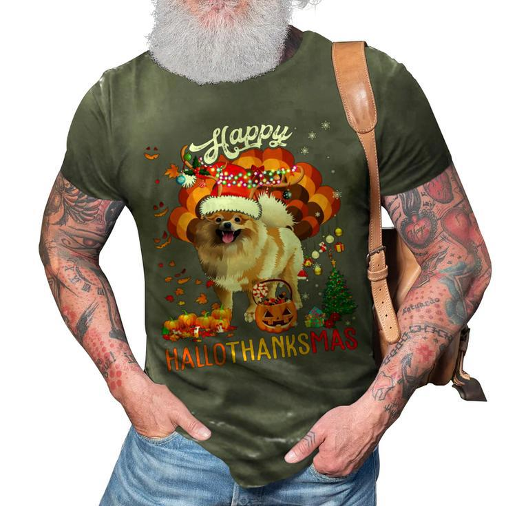 Hallothanksmas Santa Turkey Pumpkin Pomeranian Dog T-Shirt 3D Print Casual Tshirt