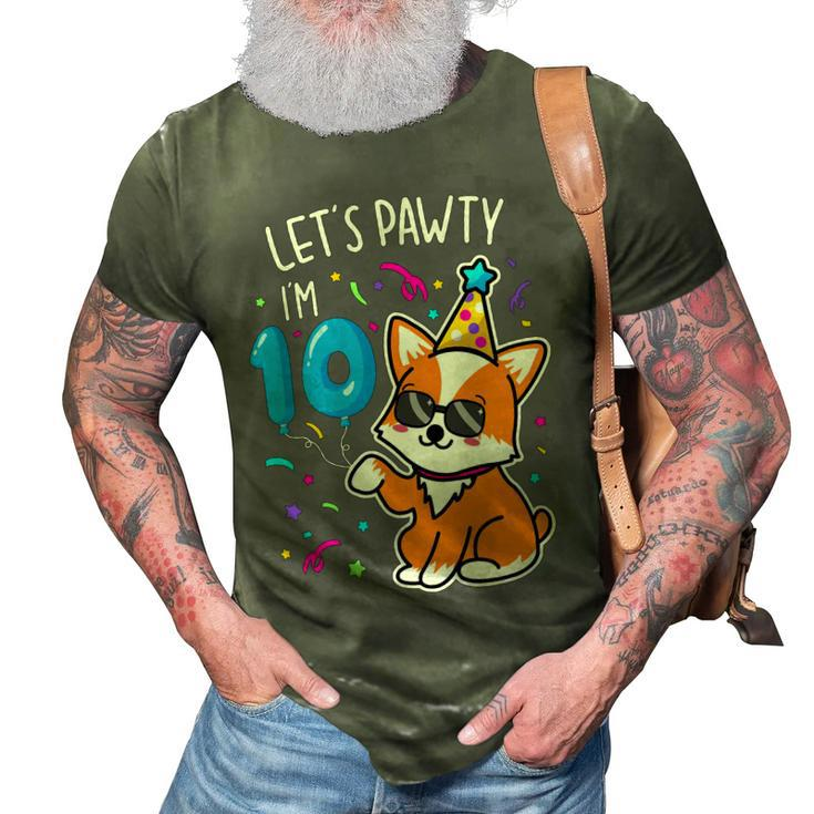 Lets Pawty Im 10Th Birthday Corgi 10 Years Old Birthday 3D Print Casual Tshirt