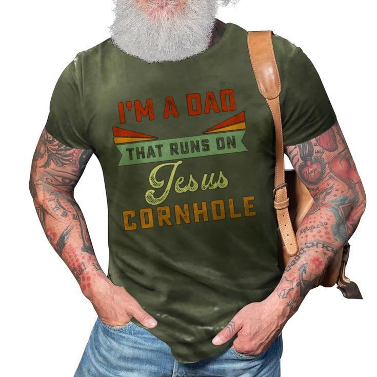 Mens Im A Dad That Runs On Jesus Cornhole Christian Vintage Gift 3D Print Casual Tshirt