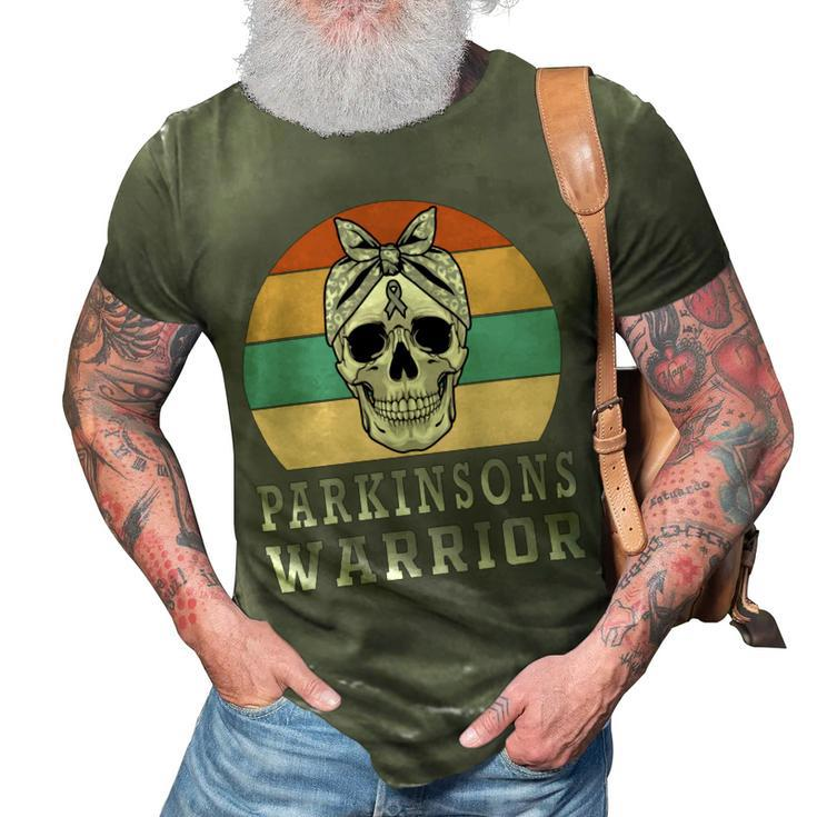 Parkinsons Warrior  Skull Women Vintage  Grey Ribbon  Parkinsons  Parkinsons Awareness 3D Print Casual Tshirt