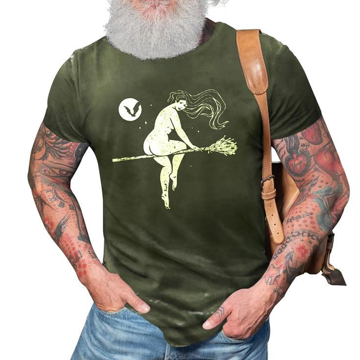 Tattooed Witch On Broomstick Full Moon & Bat Halloween 3D Print Casual Tshirt