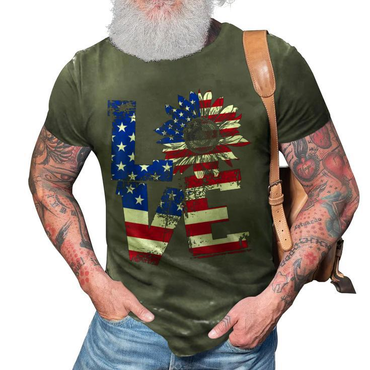 Vintage Love Sunflower Patriotic American Flag 4Th Of July  3D Print Casual Tshirt