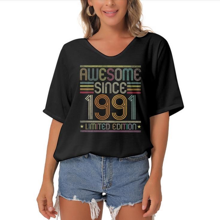 31St Birthday Vintage Tee 31 Years Old Awesome Since 1991 Birthday Party Women's Bat Sleeves V-Neck Blouse