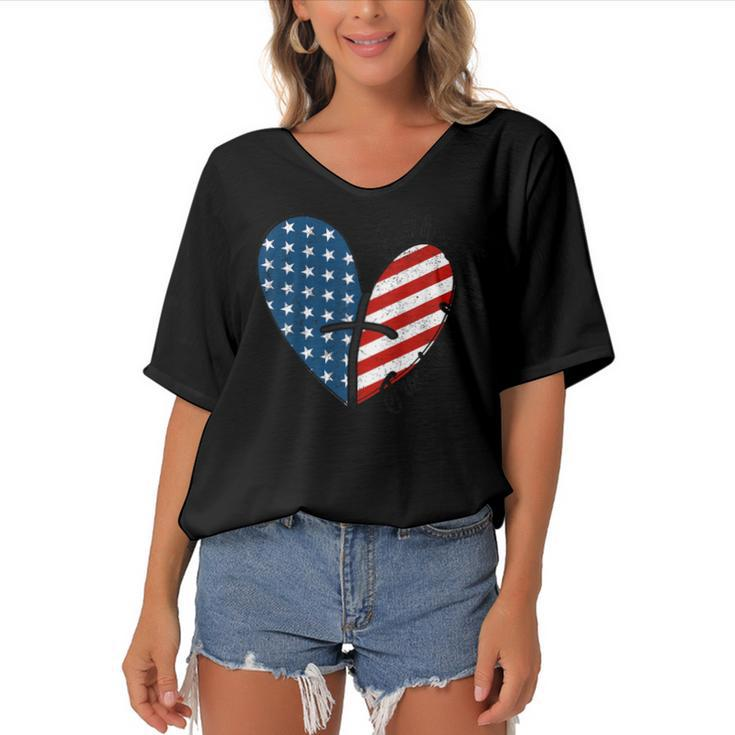 4Th Of July Faith Family Freedom American Flag Patriotic  Women's Bat Sleeves V-Neck Blouse