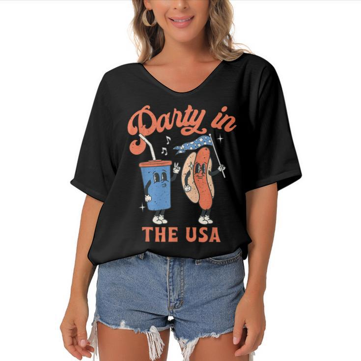4Th Of July  For Hotdog Lover Party In The Usa  Women's Bat Sleeves V-Neck Blouse