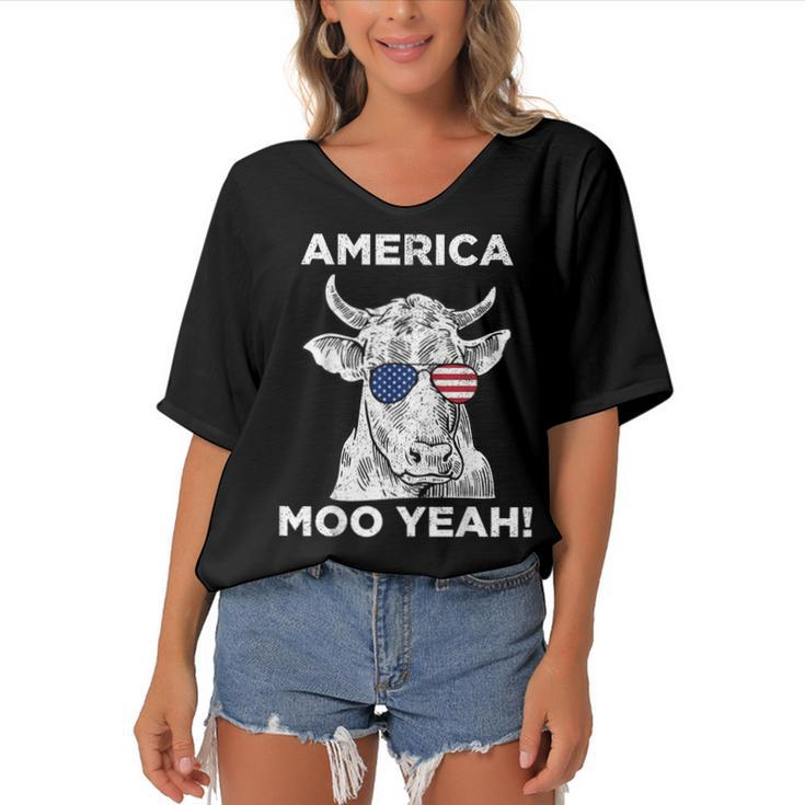4Th Of July Funny Moo Yeah Cow Glasses T  Boys Girls Us Women's Bat Sleeves V-Neck Blouse