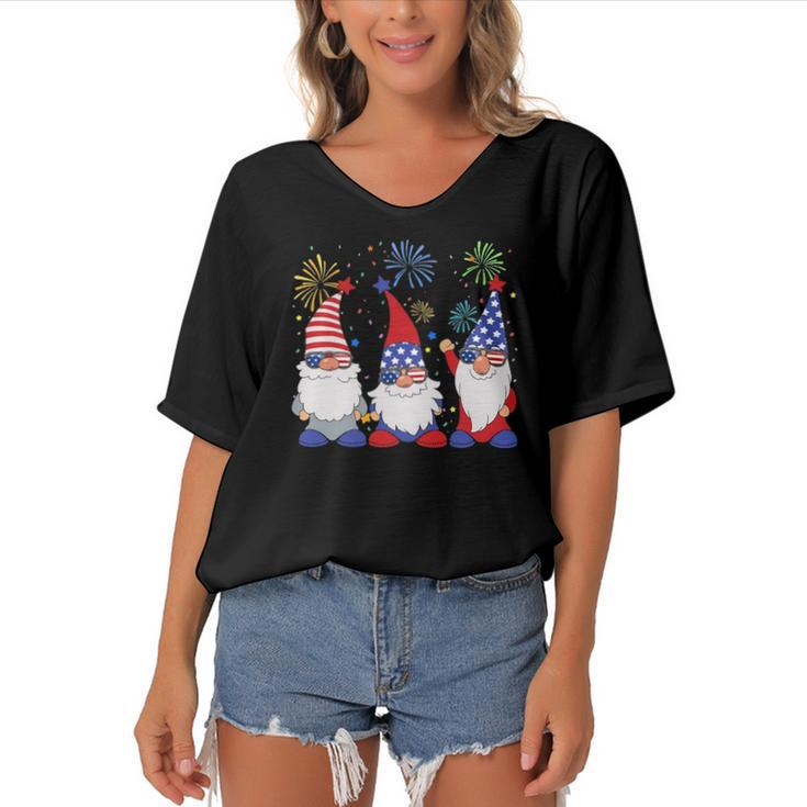 4Th Of July Funny Patriotic Gnomes Sunglasses American Usa Women's Bat Sleeves V-Neck Blouse