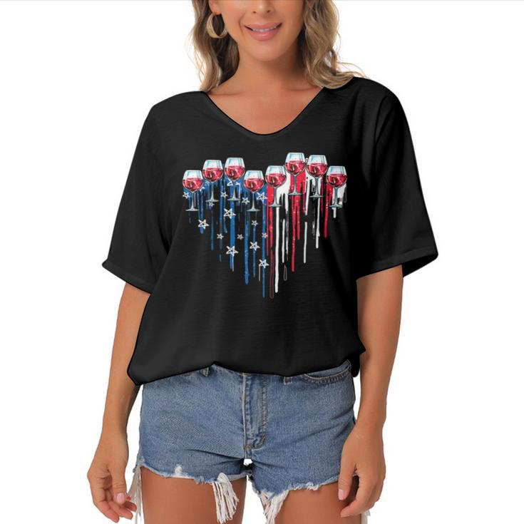 4Th Of July Wine Glasses Heart American Flag Patriotic  Women's Bat Sleeves V-Neck Blouse