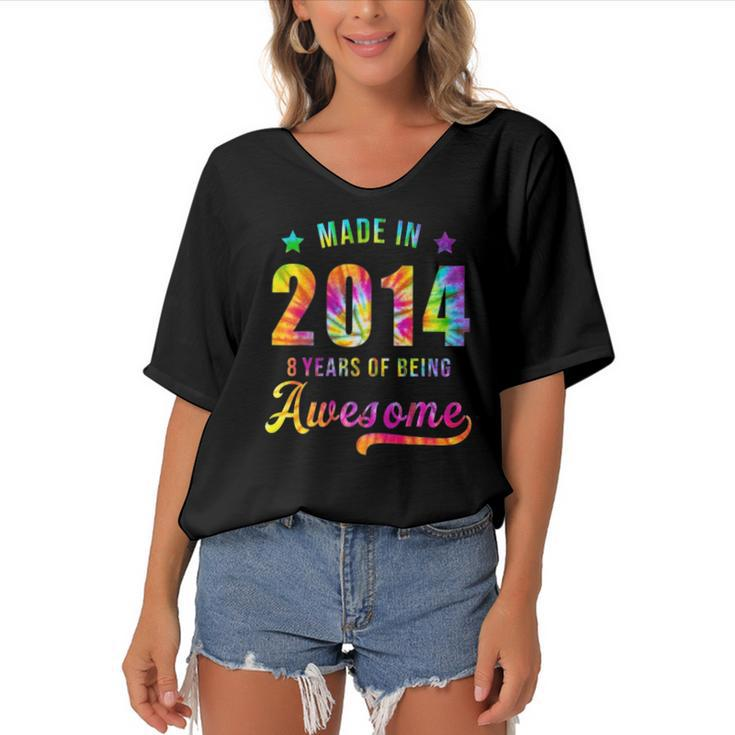 8 Years Old 8Th Birthday 2014 Tie Dye Awesome Women's Bat Sleeves V-Neck Blouse