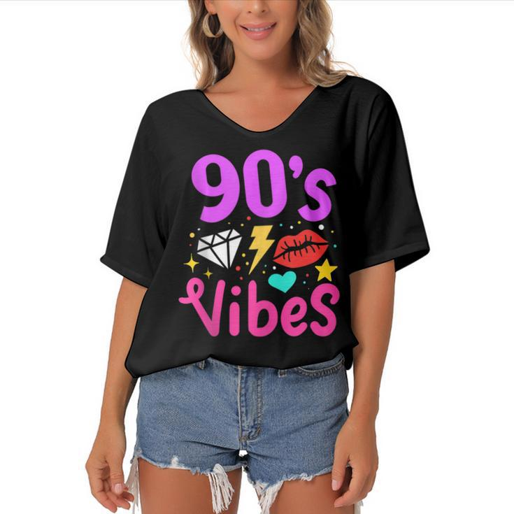 90S Vibes 90S Music Party Birthday Lover Retro Vintage  Women's Bat Sleeves V-Neck Blouse