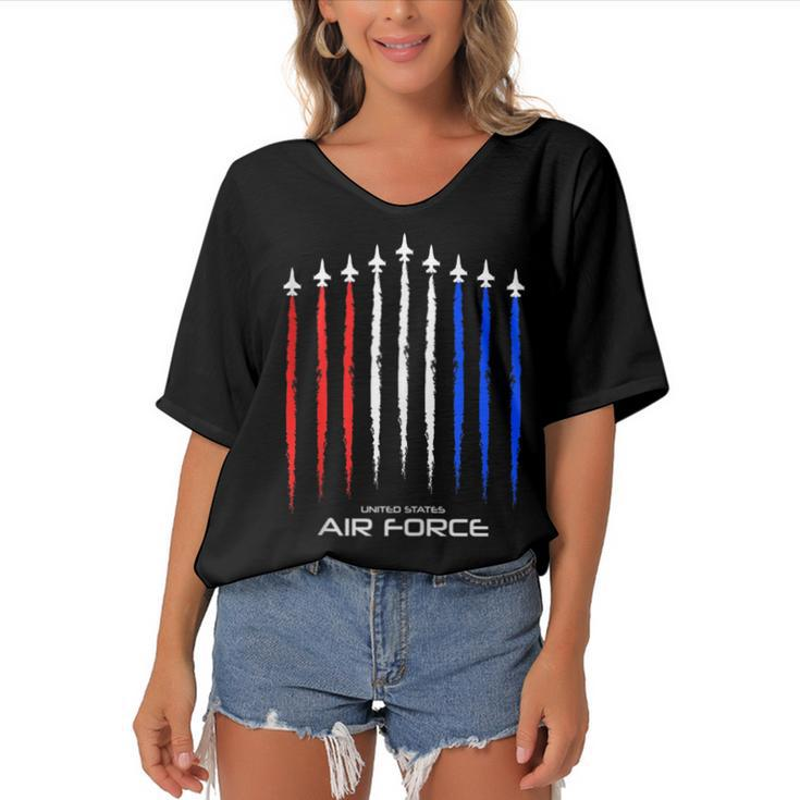 Air Force Us Veterans 4Th Of July T  American Flag  Women's Bat Sleeves V-Neck Blouse
