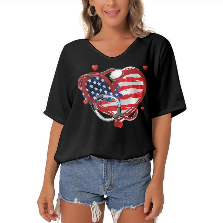 All American Nurse 4Th Of July Patriotic Usa Flag Nursing  Women's Bat Sleeves V-Neck Blouse